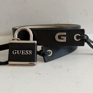 Guess Black Leather Belt with Tie Tassels and Lock Purse Charm